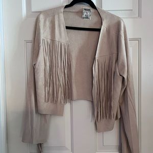 Suede Fringe Crop Jacket from Vocal in Taupe